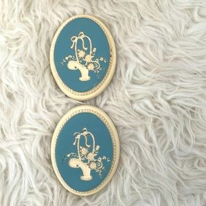 Two Vintage Miniature Cameos Wall Plaques basket of flowers
